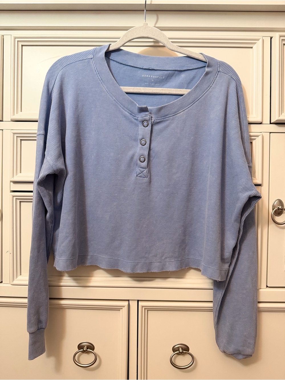 Women's Light Blue Waffle Henley Long-Sleeve Top